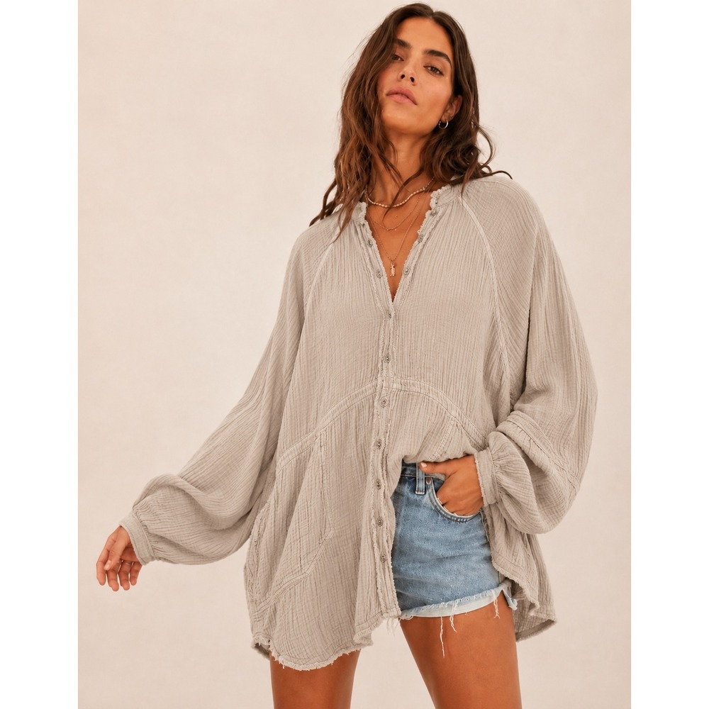 We The Free Summer Daydream Buttondown Sz S Oversized Taupe Gauzy Raw Hem